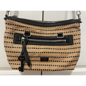 Fossil Crossbody Bag Women Medium Tan Black Dotted Stripe Woven Leather Trim